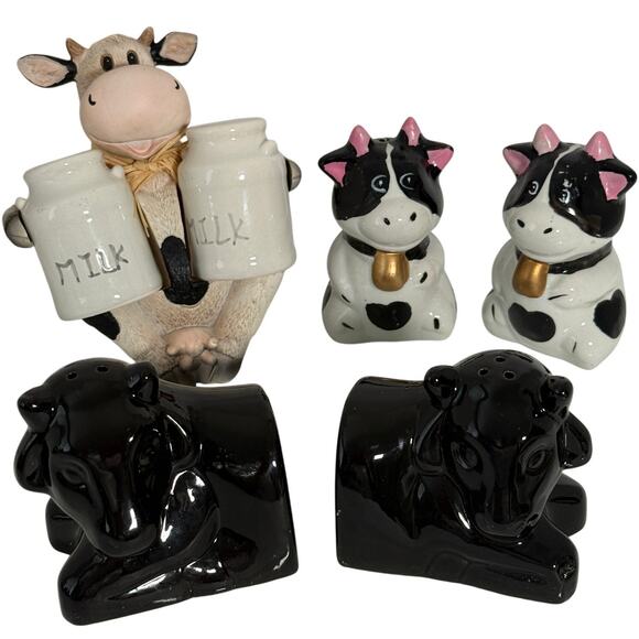 Lot 3 Cow Cattle Ceramic Salt Pepper Shakers Vintage Milk Jugs Sitting Bull Ends - Picture 1 of 10